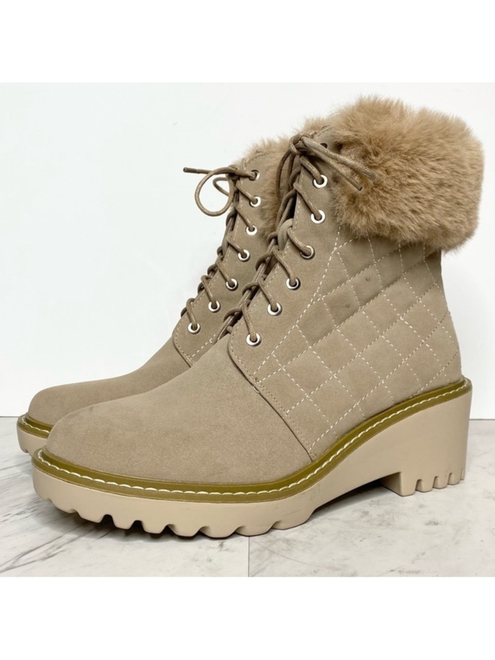New! Nicole Miller Latte Wedge Faux Fur Cuff Quilted Bootie 10